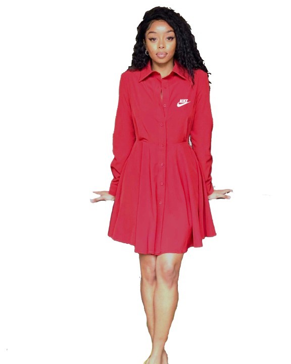 Solid Color Red Long Sleeve Printing Shirt Pleated Dress