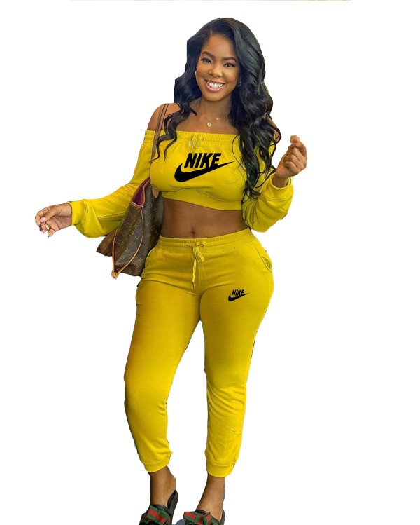 Fashion Yellow Printed Sports Running Clothing Women Long Sleeve Off Shoulder Crop Top Trousers