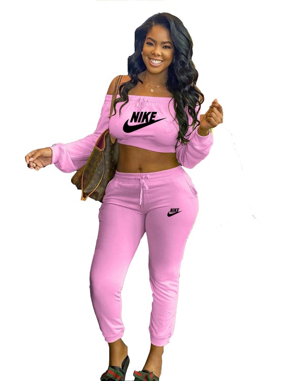 Fashion Pink Printed Sports Running Clothing Women Long Sleeve Off Shoulder Crop Top Trousers