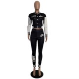 Autumn Casual Black/White Women Air Layer Printed Tracksuit 2 Piece Set Long Sleeve Baseball Female Matching Outfits