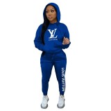 Casual Blue Printed Letter Sweatshirt 2Pc Hoodie Set for Women