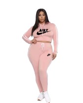 Casual Pink Printed Letter Sports Two Piece Hoodie Set