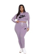 Casual Purple Printed Letter Sports Two Piece Hoodie Set