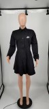 Solid Color Black Long Sleeve Printing Shirt Pleated Dress