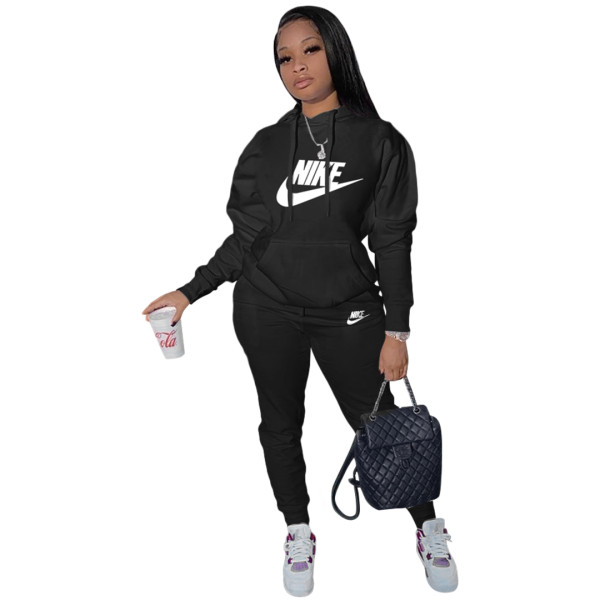 Women Black Two Piece Casual Twill Printed Sports Sweatshirt Hooded Pant Set with Pocket