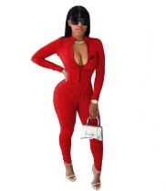Fashion Red Yoga Clothes Letter Pyrography Zipper One Piece Jumpsuits