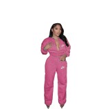 Casual Solid Pink Printed Letter Ladies Zipper Two Piece Set