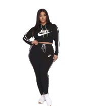 Casual Black Printed Letter Sports Two Piece Hoodie Set