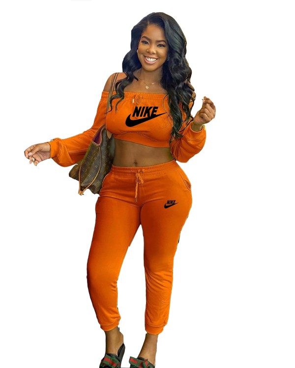 Fashion Orange Printed Sports Running Clothing Women Long Sleeve Off Shoulder Crop Top Trousers