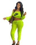 Fashion Fluorescent Green Printed Sports Running Clothing Women Long Sleeve Off Shoulder Crop Top Trousers