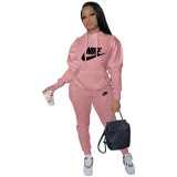 Women Pink Two Piece Casual Twill Printed Sports Sweatshirt Hooded Pant Set with Pocket