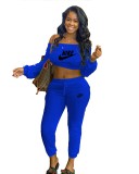 Fashion Blue Printed Sports Running Clothing Women Long Sleeve Off Shoulder Crop Top Trousers