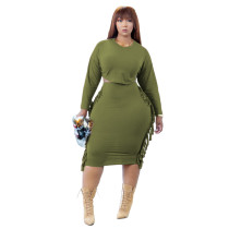 Casual Solid Fat Woman Tassel O Neck Plus Size Army Green Two Pieces Midi Skirt Set For Winter