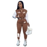 Autumn Casual Brown/White Women Air Layer Printed Tracksuit 2 Piece Set Long Sleeve Baseball Female Matching Outfits