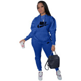 Women Blue Two Piece Casual Twill Printed Sports Sweatshirt Hooded Pant Set with Pocket