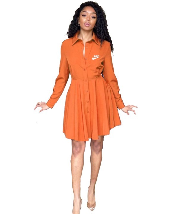 Solid Color Orange Long Sleeve Printing Shirt Pleated Dress