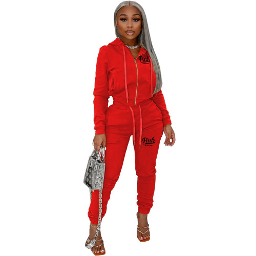 Red Letter Embroidery Casual Thicken Front-zip Drawstring Hood Pocket Fleece Pants Set