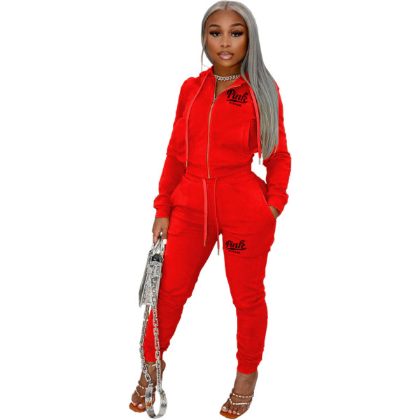 Red Letter Embroidery Casual Thicken Front-zip Drawstring Hood Pocket Fleece Pants Set
