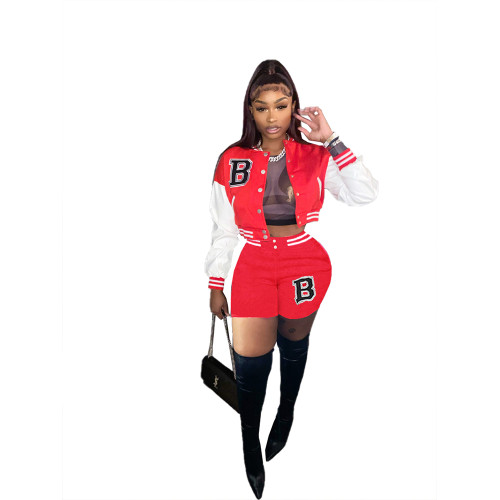 Red/White Air Layer Letter Print Women Fall Two Piece Set Sweatshirt Crop Jacket Top Shorts Sports Baseball Uniform