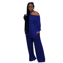 Women 2 Piece Outfits Loungewear Casual Blue Long Sleeve T-Shirt Tops Wide Leg Pants Sweatsuit Workout Sets