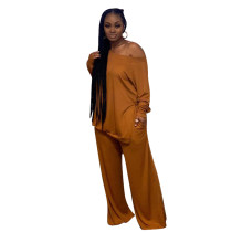 Women 2 Piece Outfits Loungewear Casual Orange Long Sleeve T-Shirt Tops Wide Leg Pants Sweatsuit Workout Sets
