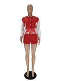 Red/White Air Layer Women Fall Two Piece Set Sweatshirt Crop Jacket Top Shorts Sports Baseball Uniform