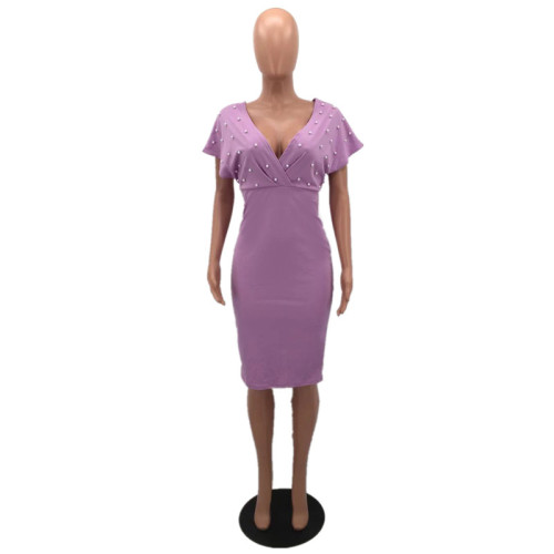 Light Purple Cap-Sleeve Studded Bodycon Dress