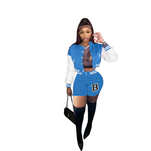 Blue/White Air Layer Letter Print Women Fall Two Piece Set Sweatshirt Crop Jacket Top Shorts Sports Baseball Uniform