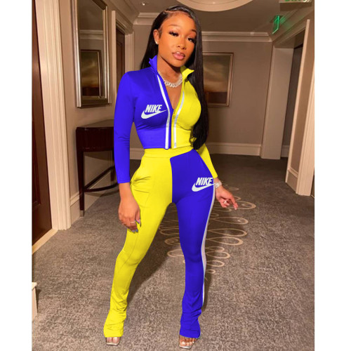 Casual Branded Clothing 2022 Blue/Yellow Sports Stitching Printed Stand-up Collar Sportswear Outfits