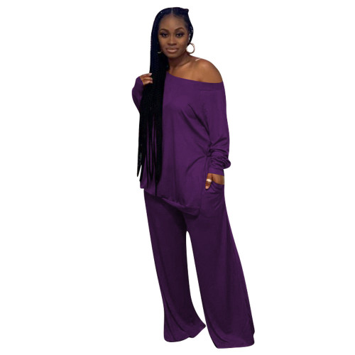 Women 2 Piece Outfits Loungewear Casual Purple Long Sleeve T-Shirt Tops Wide Leg Pants Sweatsuit Workout Sets