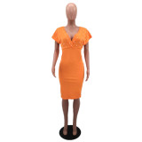 Orange Cap-Sleeve Studded Bodycon Dress