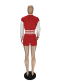 Red/White Air Layer Letter Print Women Fall Two Piece Set Sweatshirt Crop Jacket Top Shorts Sports Baseball Uniform