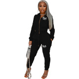 Black Letter Embroidery Casual Thicken Front-zip Drawstring Hood Pocket Fleece Pants Set