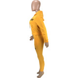 Orange Letter Embroidery Casual Thicken Front-zip Drawstring Hood Pocket Fleece Pants Set