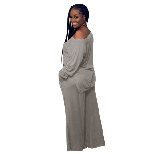 Women 2 Piece Outfits Loungewear Casual Grey Long Sleeve T-Shirt Tops Wide Leg Pants Sweatsuit Workout Sets