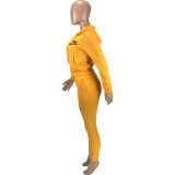 Orange Letter Embroidery Casual Thicken Front-zip Drawstring Hoodie Pocket Fleece Women Set