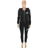 Black Letter Embroidery Casual Thicken Front-zip Drawstring Hoodie Pocket Fleece Women Set