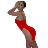 Solid Color Red Stitching Sleeveless See Through Mesh Nightclub Dress