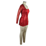 Casual Red Single Shoulder Long Sleeve Sequins Party Short Rompers