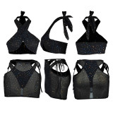 Sexy Black Patchwork Hollowed Out See-through Backless Sleeveless Three Piece Set