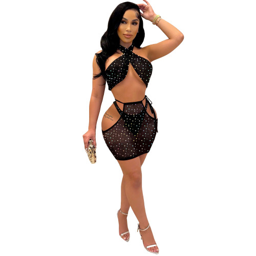 Sexy Black Patchwork Hollowed Out See-through Backless Sleeveless Three Piece Set