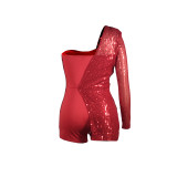 Casual Red Single Shoulder Long Sleeve Sequins Party Short Rompers