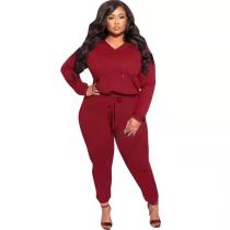 Plus Size Solid Color Wine Red V Neck Drawstring Hoodie Two Pieces with Pocketed