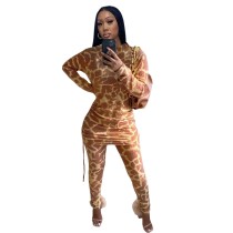 Leopard Drawstring Style Overalls Young Sexy Fashion Full Sleeve Pencil 2 Piece Long Pants