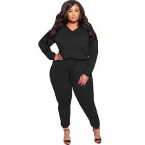 Plus Size Solid Color Black V Neck Drawstring Hoodie Two Pieces with Pocketed