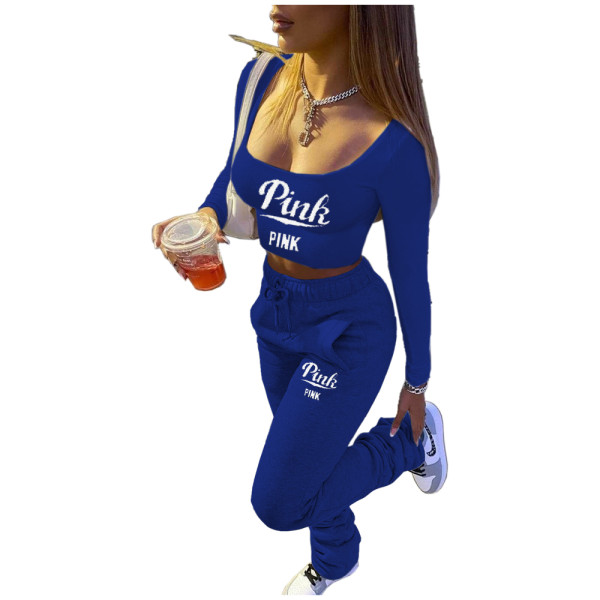 Blue Casual Printed Letter Stacked Sweatpants Set Women Casual Jogger Trousers Thick Warm Ruched Two Pieces