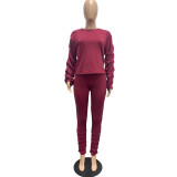 2021 Wine Red Casual Solid Color Round Neck Puff Sleeve Two Piece Stacked Outfits