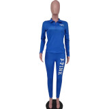 Women's Peacock Blue Cotton Blended Casual Printed Zipper Sports Two Piece Outfits