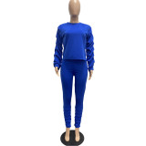 2021 Royal Blue Casual Solid Color Round Neck Puff Sleeve Two Piece Stacked Outfits