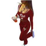 Wine Red Casual Printed Letter Stacked Sweatpants Set Women Casual Jogger Trousers Thick Warm Ruched Two Pieces